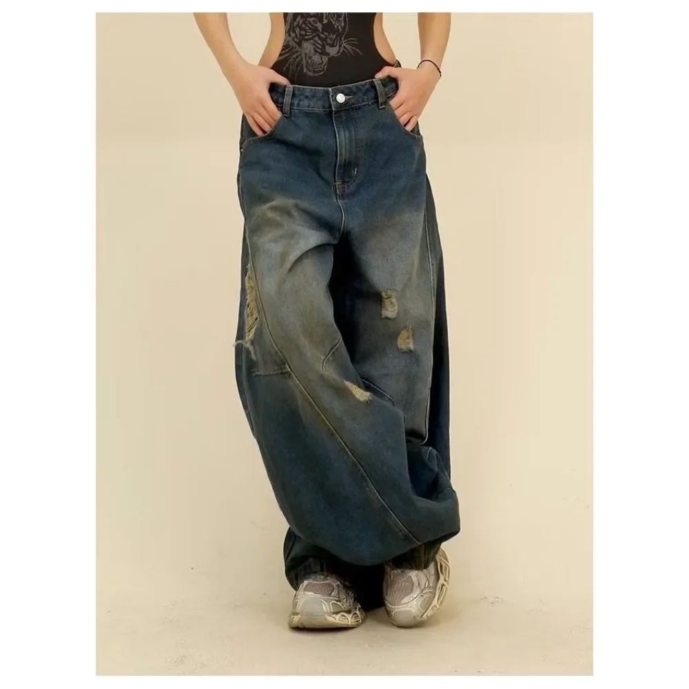 خمر الخريف الرجال النساء شارع العليا الاتجاه واسعة الساق بانت مستقيم الساق الجينز زوجين فضفاض الدنيم بانت Harajuku Y2k بنطلون #2