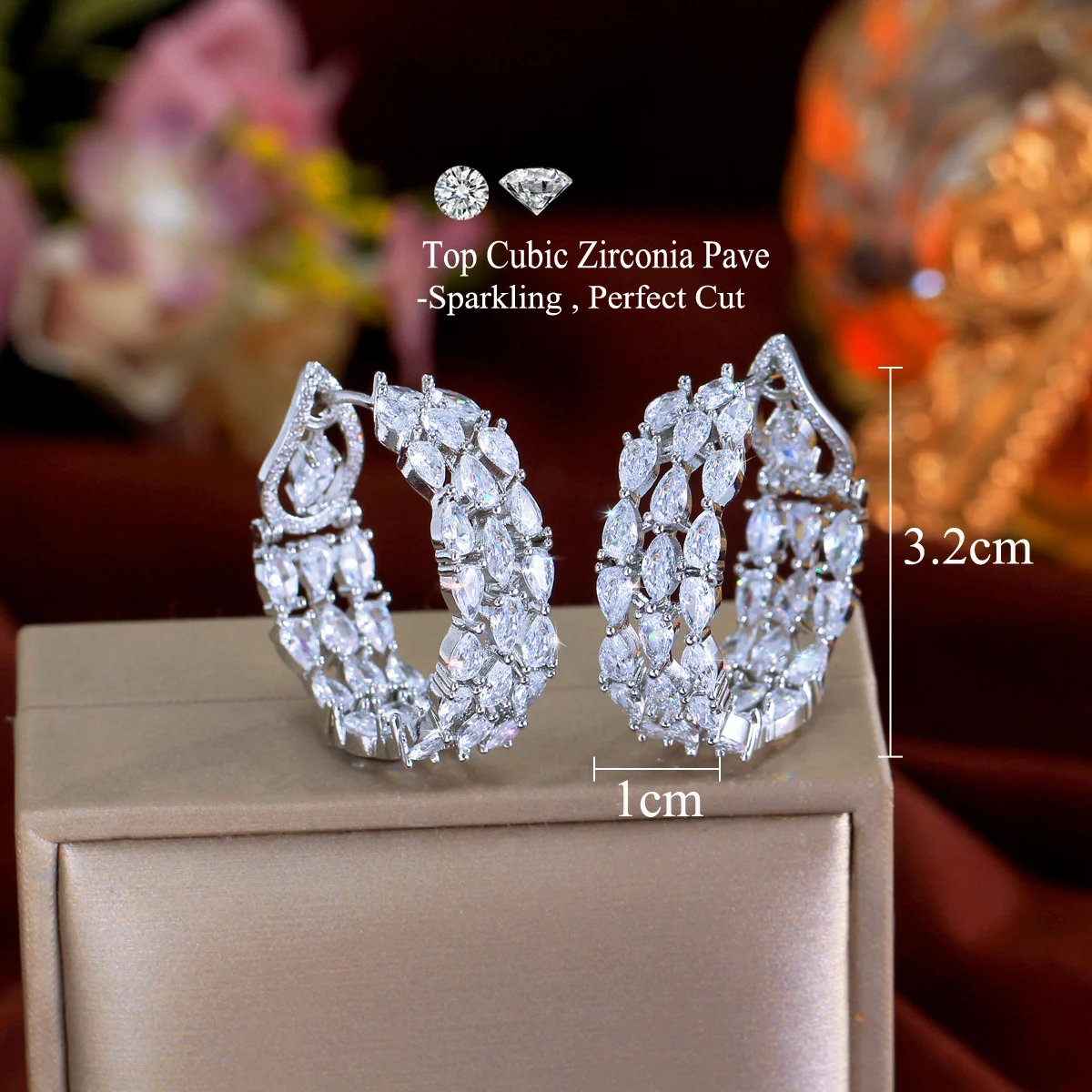 CWWZircons Clear White Double Sided CZ Paved Triple Round Big Chunky Hoop Earrings for Women Luxury Wedding Party Jewerly E0935