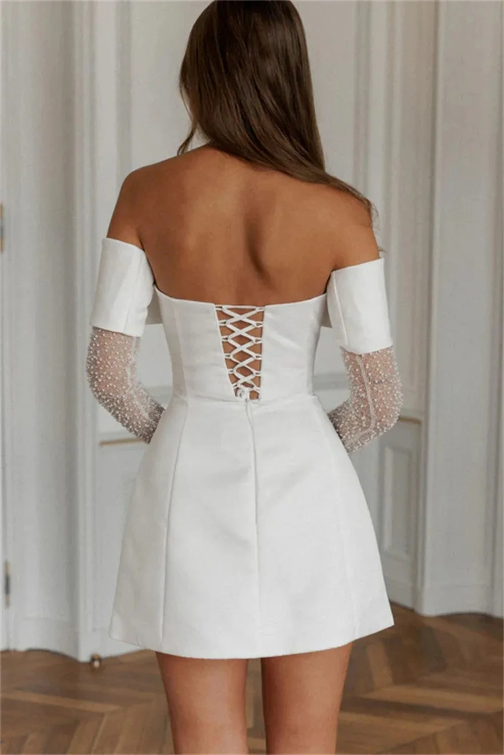 Customized Unique Off The The Shoulder Pleat Short/Mini Sheath Wedding Dresses Sexy Lace Long Sleeves Strapless Bridal Gowns