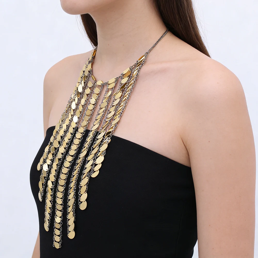 

Trendy Personality Design Gold Metal Sequin Waterfall Tassels Necklace for Women Holiday Dance Party Jewelry Accessory Gifts