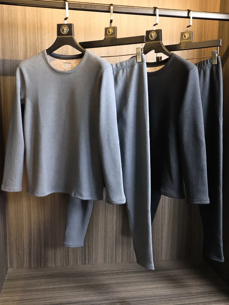 

Warm Comfortable Thickened Fleece Lined Men's Autumn Winter Thermal Underwear Set Pure Color Elastic Long Sleeve round Neck B...