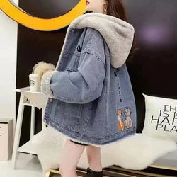 2024 Winter Spring New in Women's Denim Jacket Blue with Hat Hoodie Fashion Oversize Embroidered Streetwear Jean Coat Outerwears