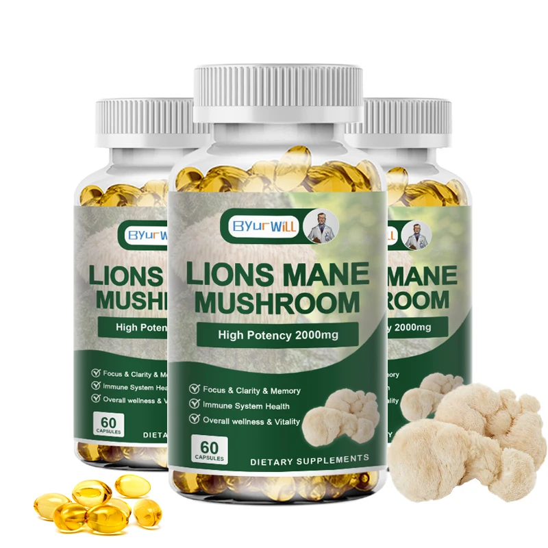 Natural Lion's Mane Mushroom Capsules Brain Nervous System Health and Memory Supplements Immunity Sleep Energy Mood Support