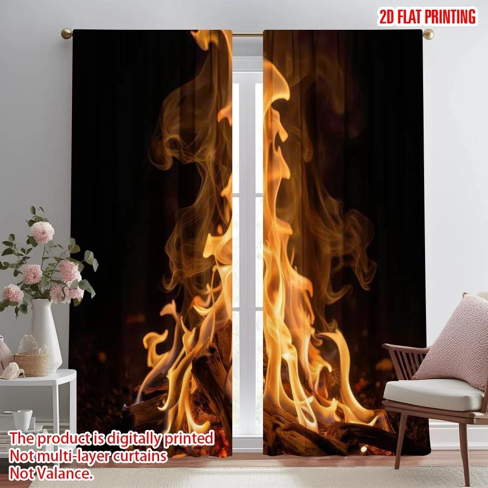 

2D flat printing 2pcs Scene Curtains Campfire Flames at Night Digital Printed Polyester Drapes Festive Curtains Perfect for