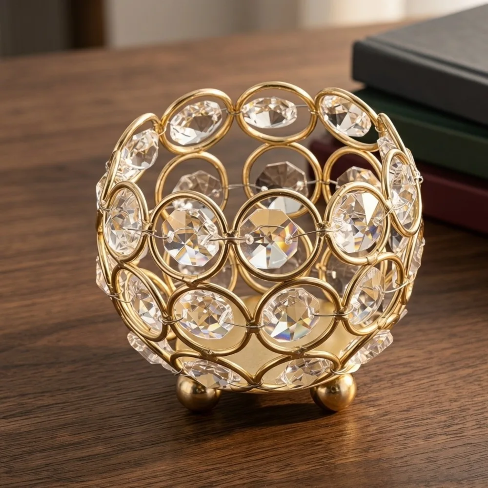 Gold Crystal Candle Holders Metal Base 8cm Diameter Table Centerpieces Reflective Base Round Votive Candle Holders Wedding Decor