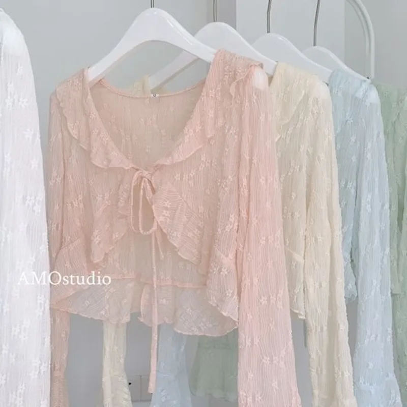 

Lotus Leaf Fairy New Lace Sunscreen Cardigan Summer Thin Tie Strap Dress Cover Up Long Sleeve Shawl Coat