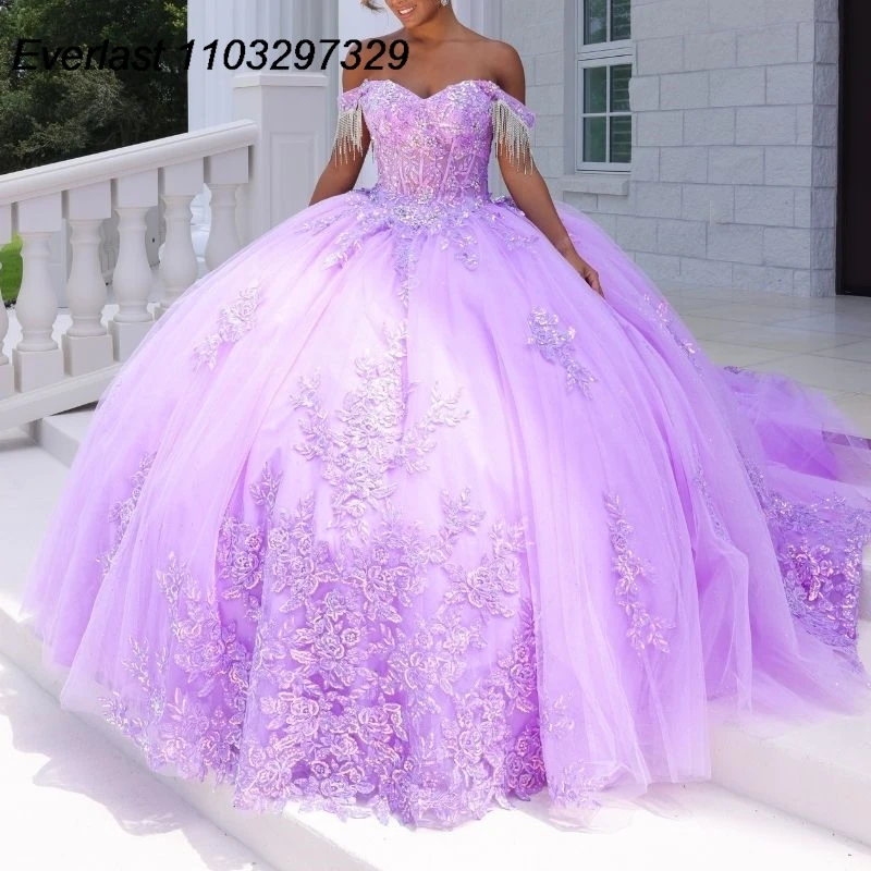 EVLAST Glitter Lavender ungu Quinceanera gaun bola renda Applique manik-manik Meksiko korset manis 16 Vestido De 15 Anos TQD634