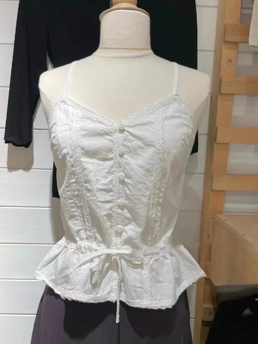 

Lace Patchwork White Crop Top Women Buttons Drawstring Cotton Sleeveless Cute Camis Y2k Summer Vintage Sweet Girl Y2k Tank Tops