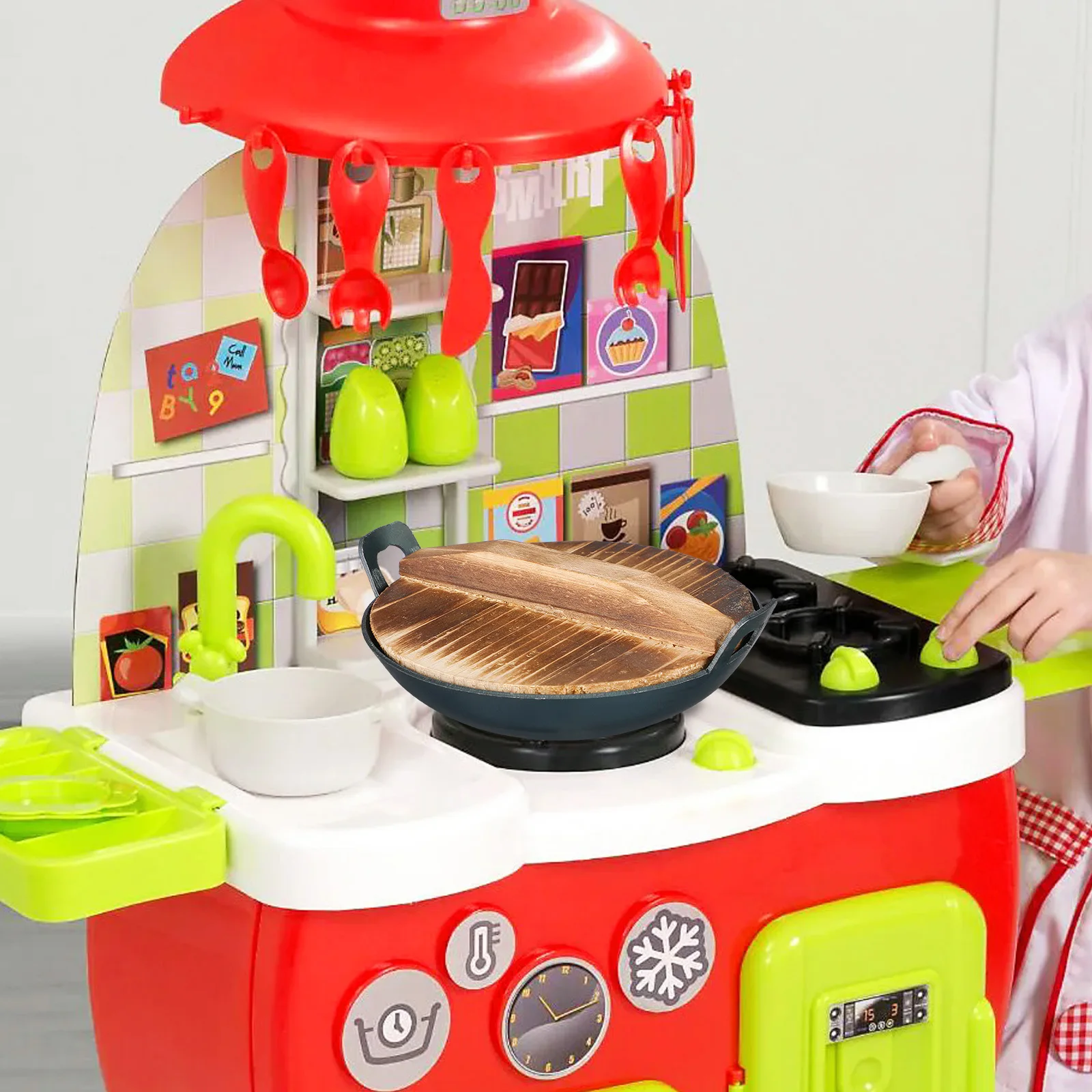 

1 Set Iron Wok With Wooden Cover Premium Sturdy Cookware For Kids Pretend Play Creative Educational Miniature Kitchen House