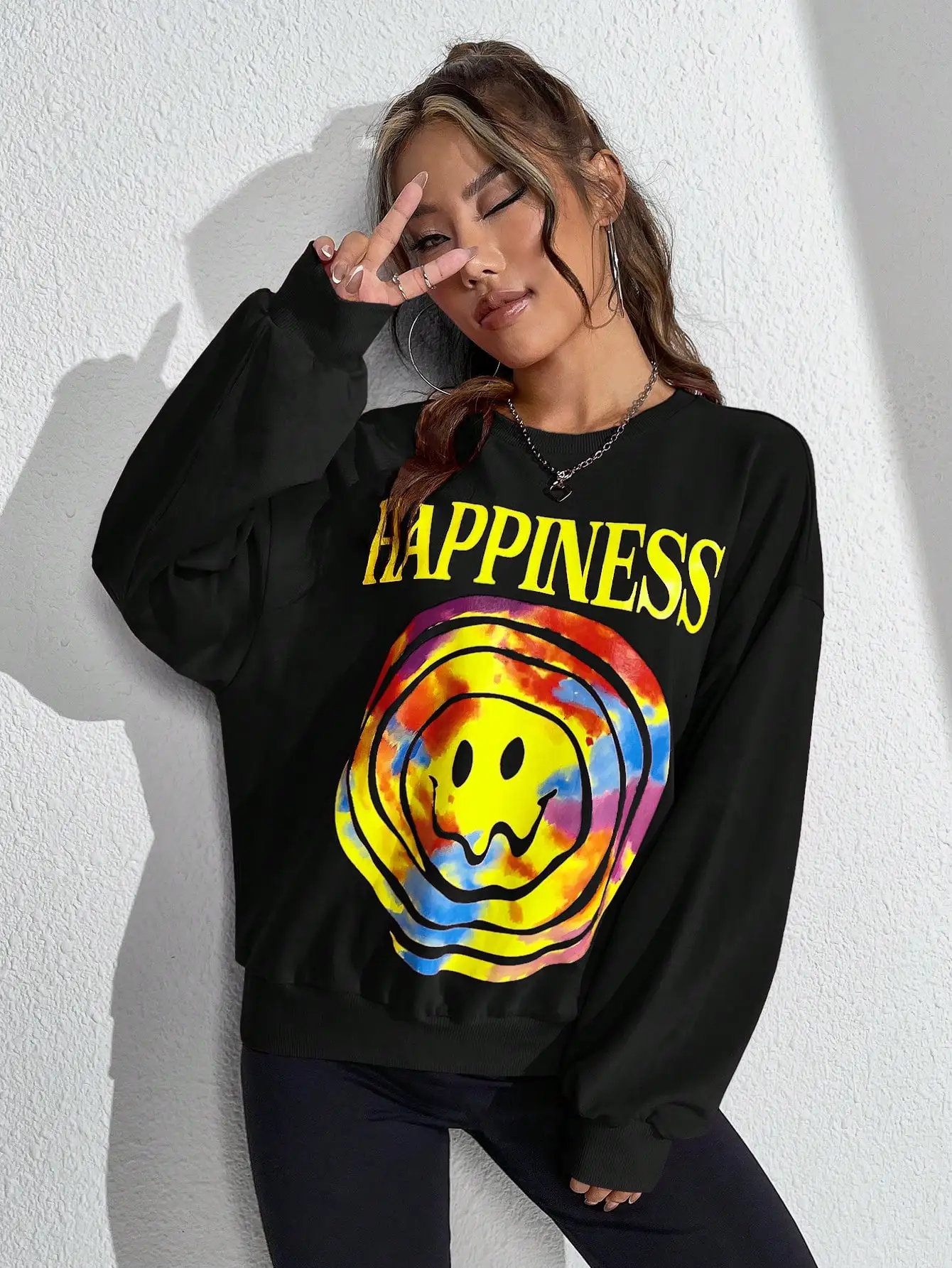 

Happness Colorful Smile Pattern Pullovers For Female Hip Hop Fleece Sweatshirts Autumn Crewneck Clothing Street Style Hoodies