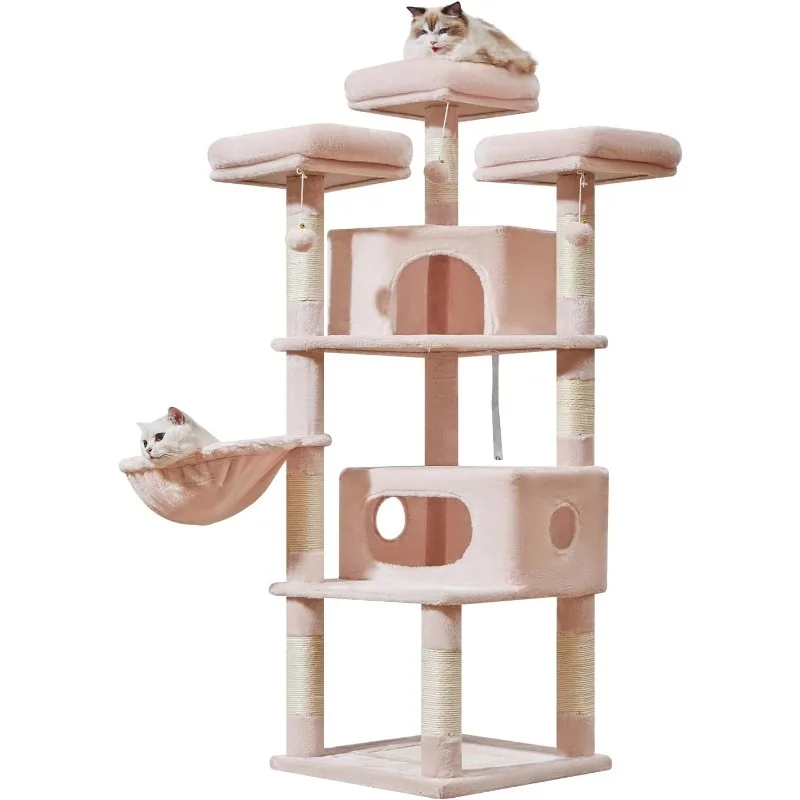 Cat Tree, 62.2-Inch Tower for Indoor Adult, Multi-Level Condo with 10 Scratching Posts, 3 Perches, 2 Big Caves