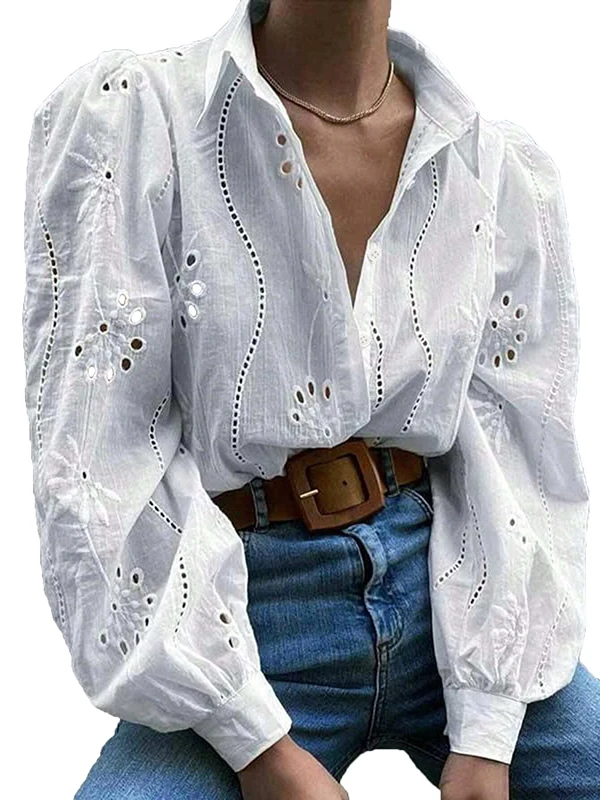 

Spring Faion Long Sve Embroidered Hollow out Single Button Pink irt Women's Loose Fit Versatile Sle Collar irt