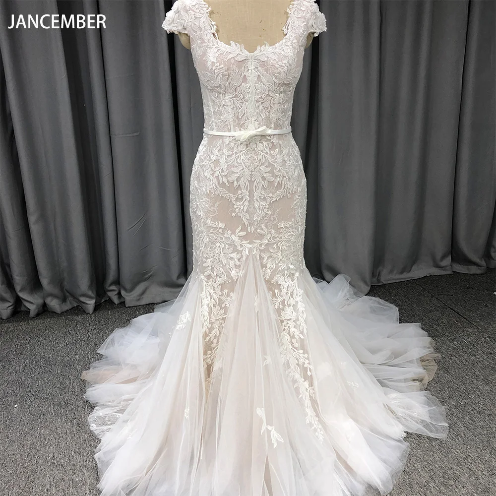 

Mordern Scoop Neck Lace Wedding Dresses Sleeveless Mermaid Floor Length Zipper Court Train Bridal Gowns Robe De Marié