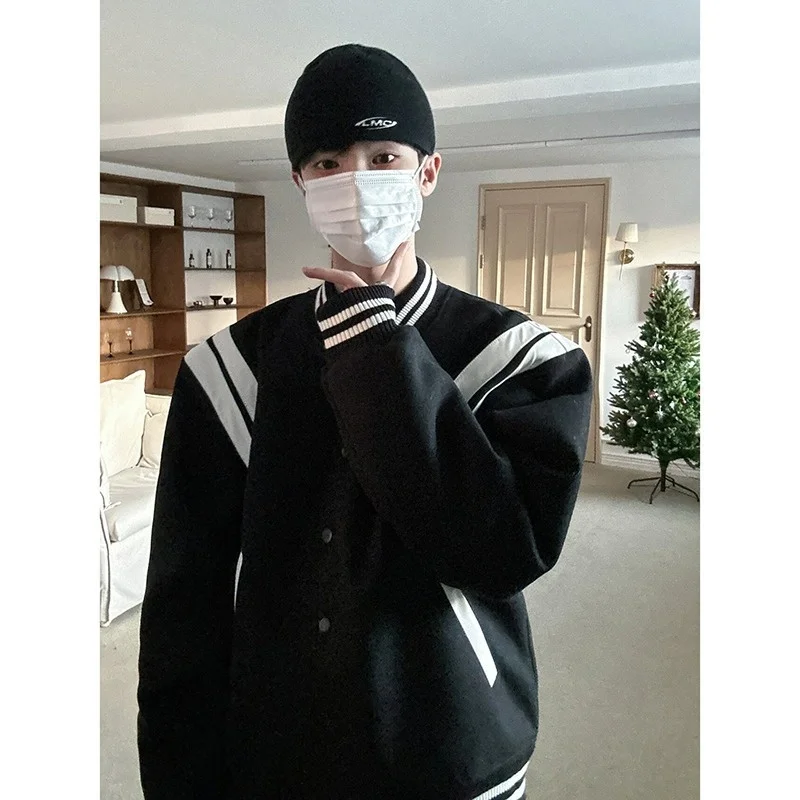 

Loose Men's Baseball Jaet Contrast Color Woolen Pilot Coat American Sle Spring Autumn New Faion High Sensation