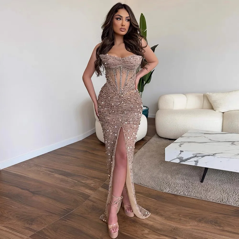

New Tube Top Hollow Pleated Design Sequin Dress Sheath Front Slit High-End and Fashionable Dress for Women