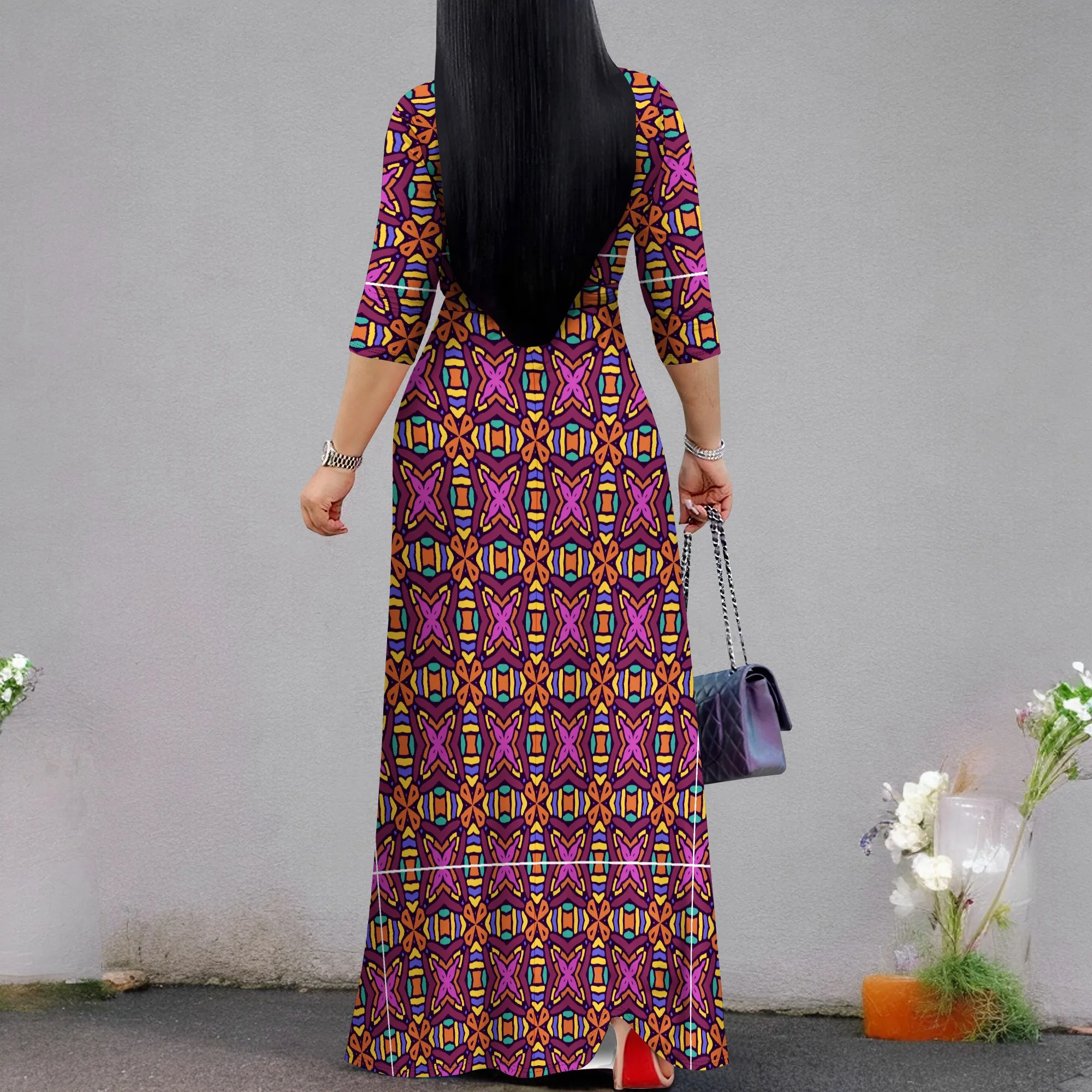 Damen-Maxi-Partykleider mit Blumendruck, Sommer, lässig, 3/4-Ärmel, V-Ausschnitt, Wickel-Taille, langes Kleid