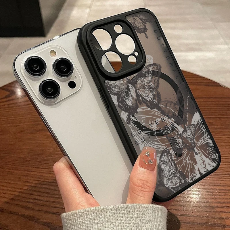 Butterfly Clear Phone Case For iPhone 14 15 13 12 Pro Max 11 Magnetic For Magsafe Wireless Charging Shockproof TPU Matte Cover