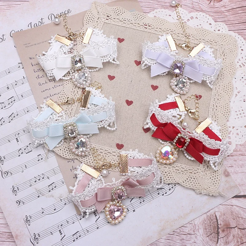 สร้อยข้อมือลูกไม้Lolitaสไตล์Bowknot Rhinestoneผู้หญิงจี้หัวใจหวานCool Y2KสาวHandmadeสร้อยข้อมือ