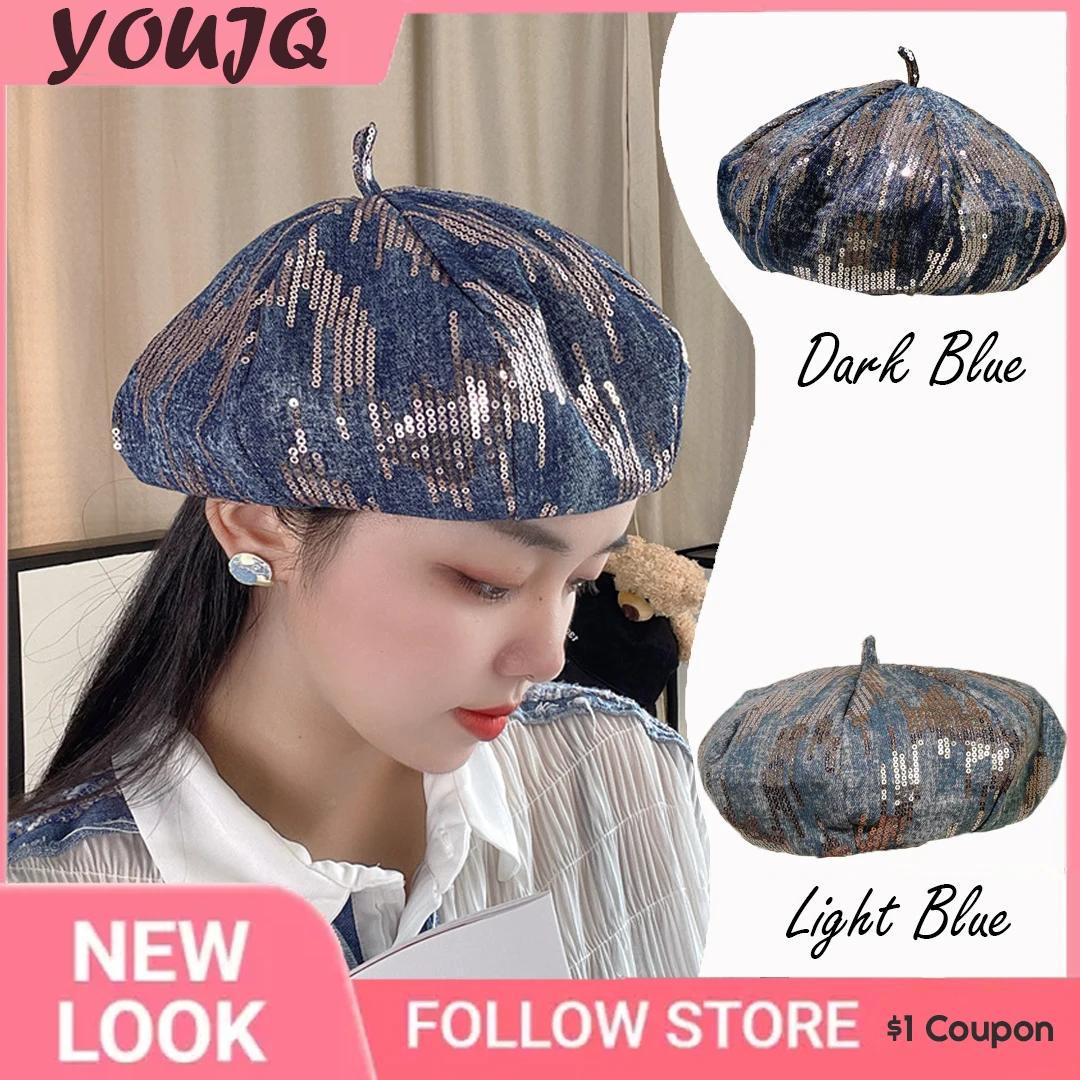 INS Denim Fabric Sequins Berets Street Beret Hats for Women Leisure Painter Cap Ladies Dress Up Hats Chapeaux Homme