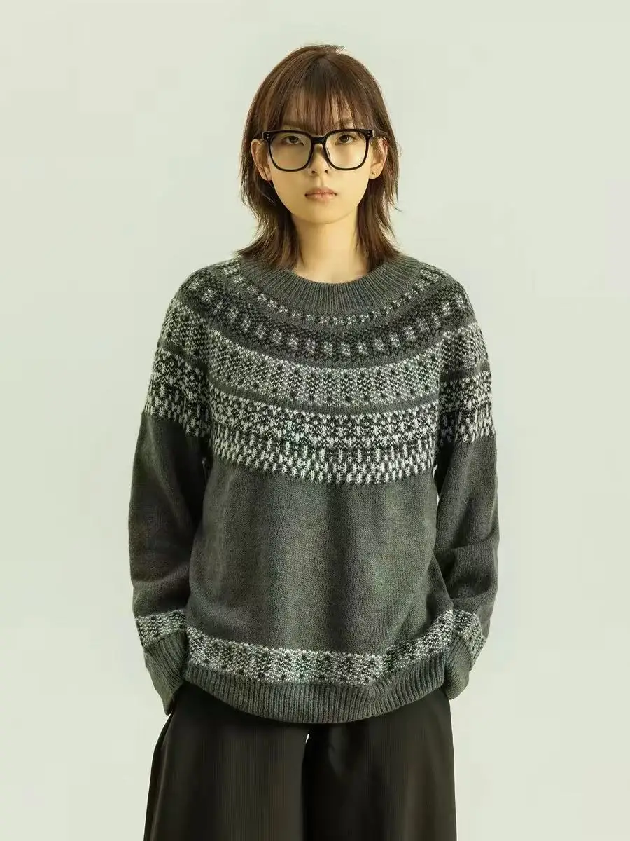 

Retro Japanese Sle Fair Isle Knitted Sweater ex round Ne Pullover Inner Wear Autumn Winter Layering Top Men's Faion