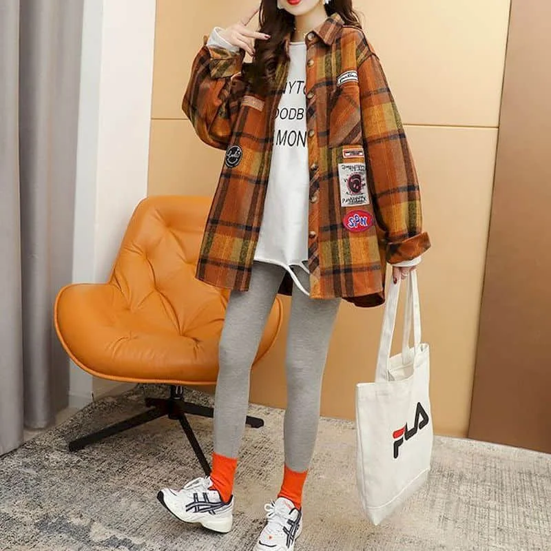 Plaid Shirts for Women Polo-neck Oversized Brushed Thickened Cardigan Long Sleeve Casual Retro Blouse Korean Style Women Tops