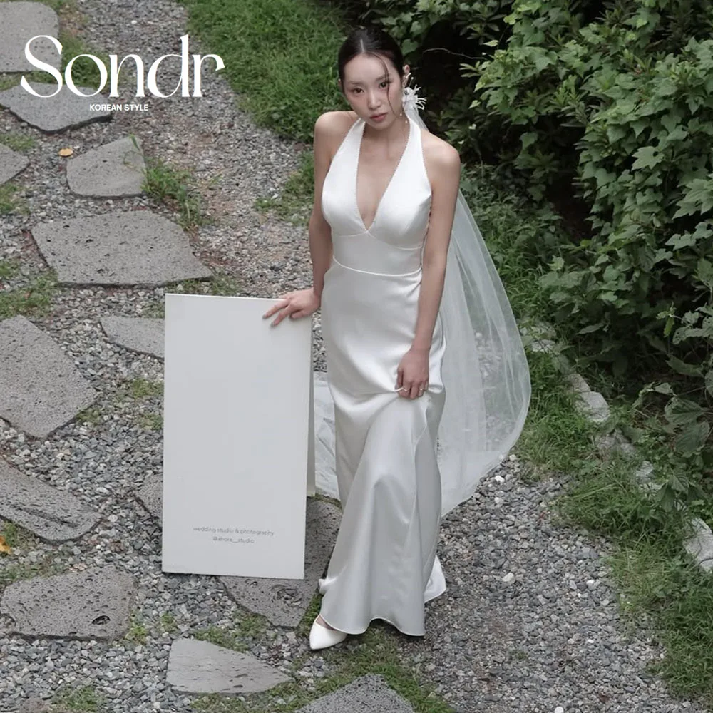 

Sondr Deep V-Neck Sleeveless Elegant Korean Wedding Dresses Satin Outdoor Customized Bridal Photo Shoot Gown Wedding Snap Dress