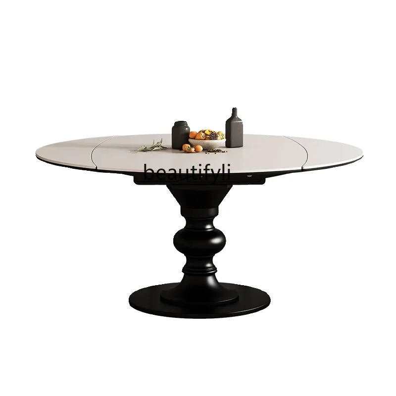 

Medieval retractable round dining table retro high-end small apartment French style, stretched solid wood rock slab dining table