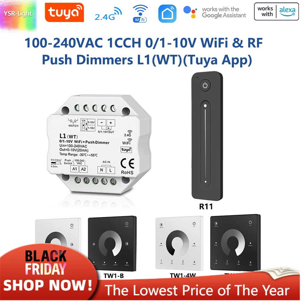 AC100-240V 1CH 0/1-10V WiFi & RF Push Dimmer Tuya Wifi Smart Control 2.4G R11 RF Touch Diming Remote App Voice For Alexa Google