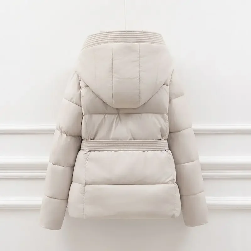 冬の新作コート レディース 暖かいパーカー 長袖トップス カジュアル 綿入りジャケット ベルト付き 女性用フード付きアウター