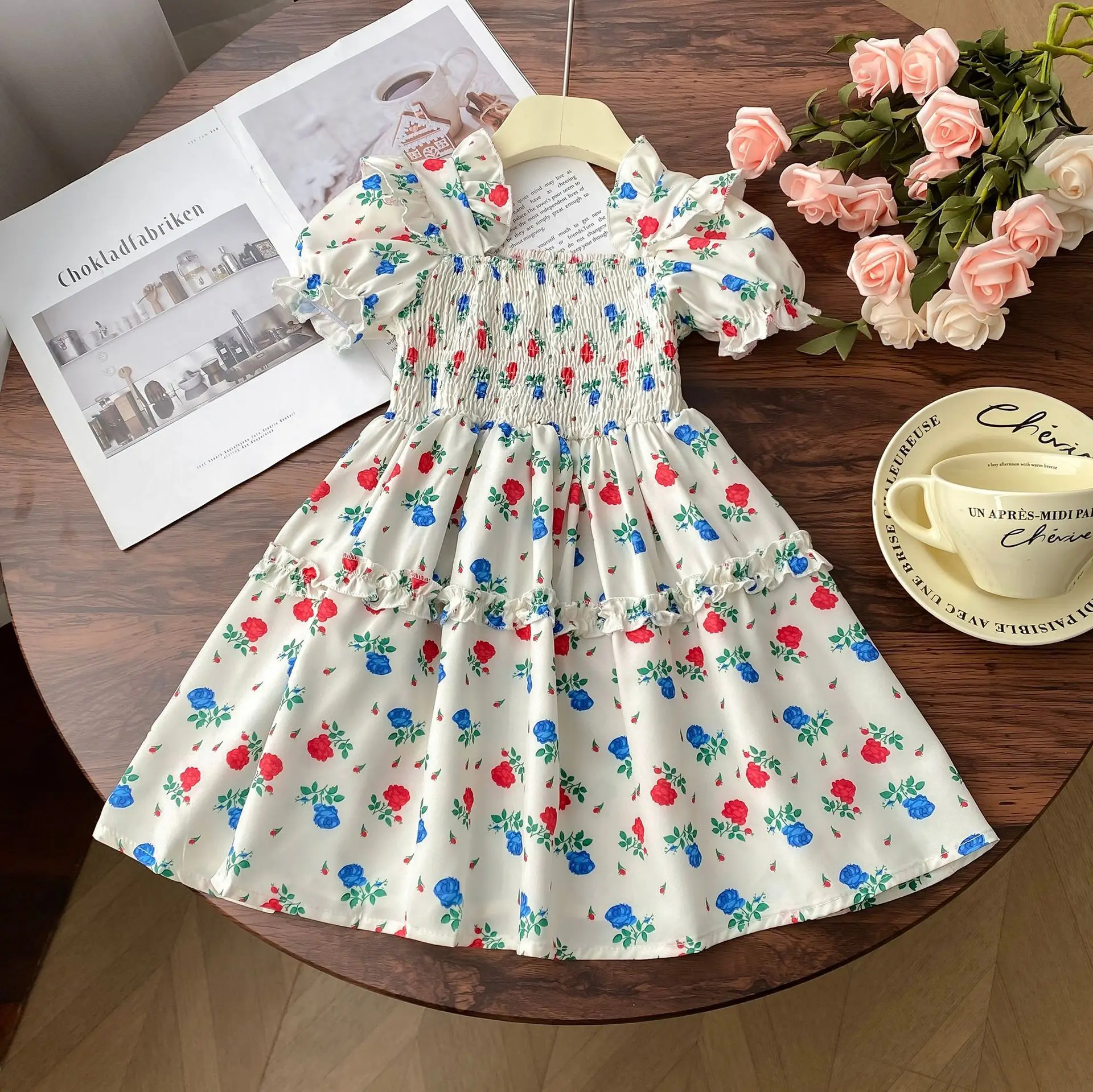

Girls' Summer Dress New Style Bubble Sleeve Colorful Floral Girls' Princess Casual Stylish Princess Dress