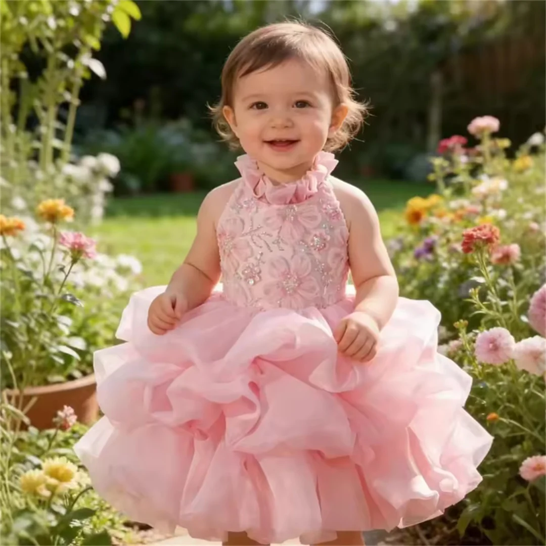 Custom Baby Girls Halter Ruffled Beaded Flower Girl Dress Wedding Party Gown Birthday Party Dress Beauty Pageant Tutu Dress