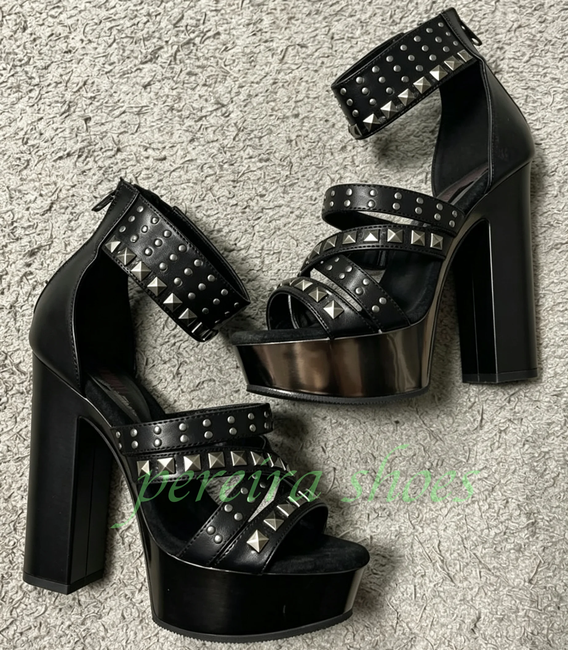 Black Studded Platform Chunky Heel Sandals Women Punk Rivet Multi-Strap Open Toe Ankle Bohemian Zip High Heel Party Sandals 46