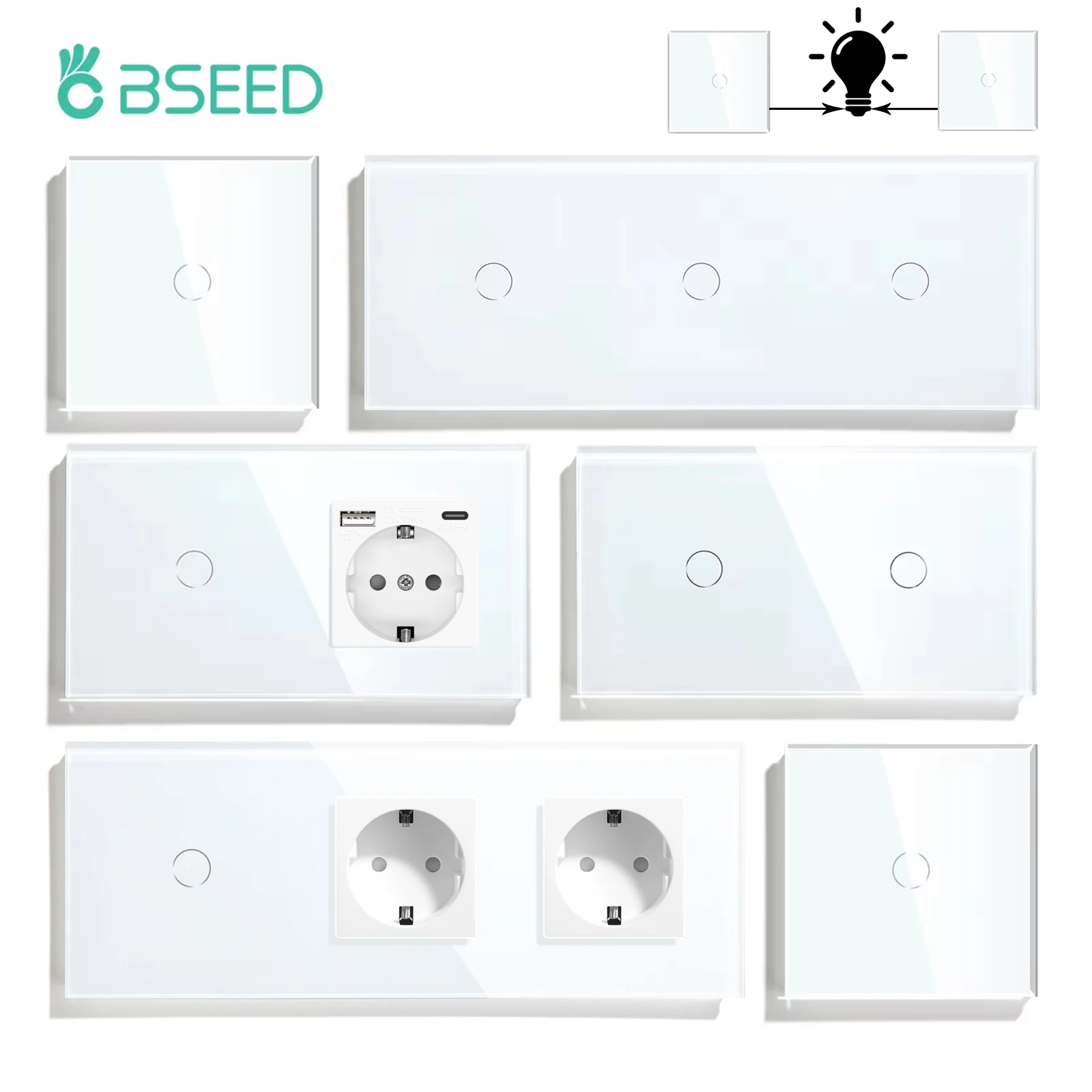 BSEED 1/2/3Gang Touch Light Switches 1/2/3Way For Stairs Corridors Plus Wall Socket USB C Ports EU Standard Glass Panel