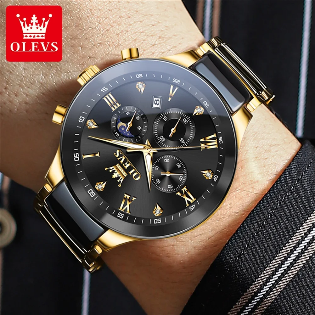 OLEVS Mens Watches Business Multifunctional Chronograph Quartz Wrist watch For Man Date Moon Waterproof Ceramic Watch Bands 7004