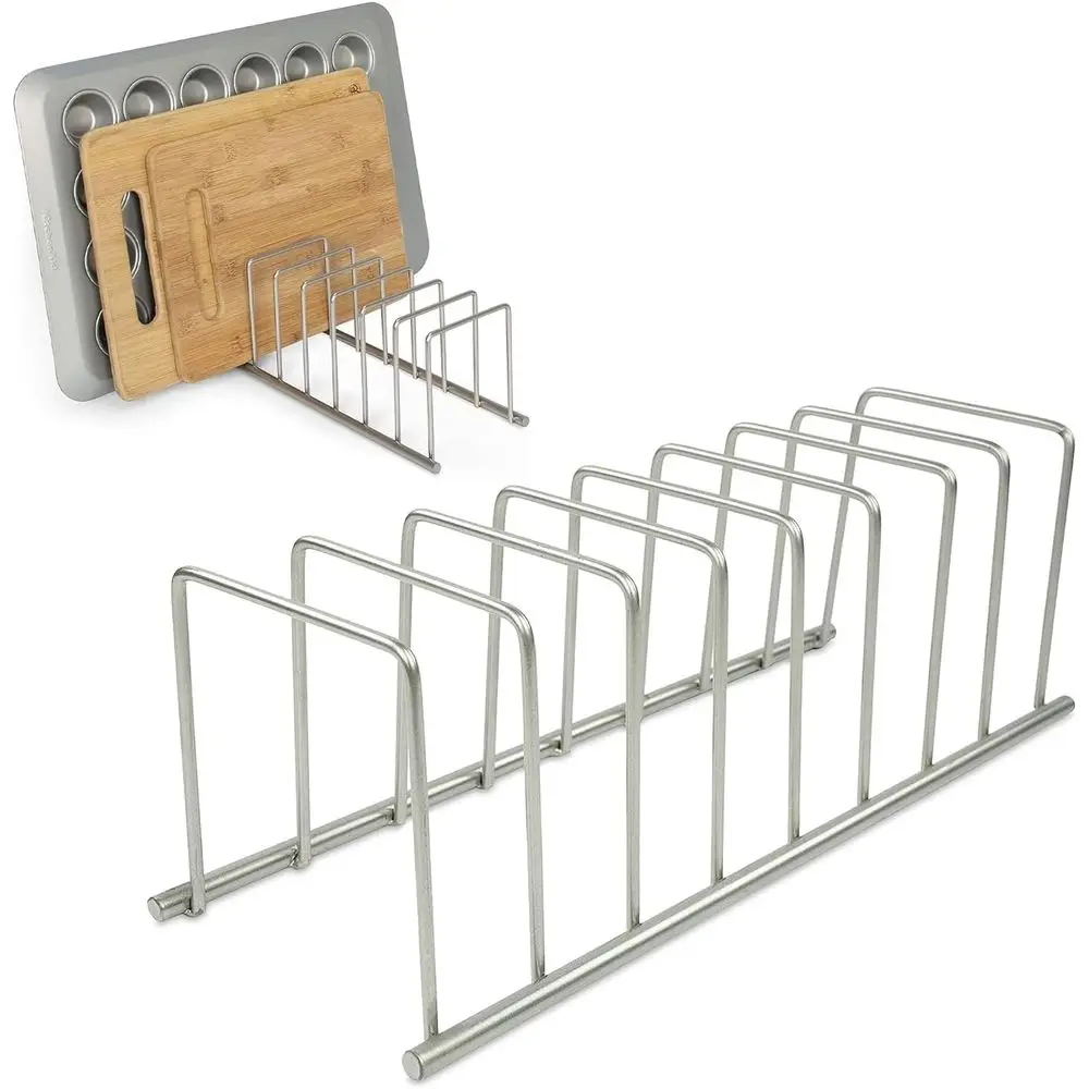 Kitchen Organizer Metal Dish Rack Cutting Board Holder Stand, 8 Slot Plate Drying Rack or Bakeware Storage, Satin Nickel