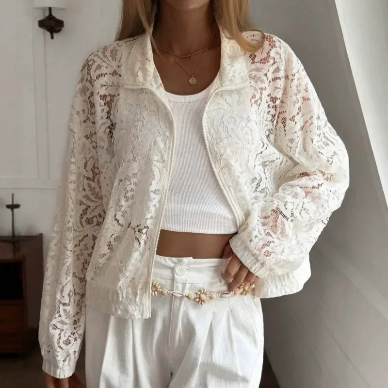 Early Autumn European American Casual Lace Sun-protective Cardigan Women Lapel Slightly Translucent Texture Commuting Vacation