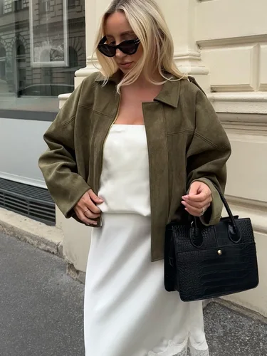 Imagen 2 del producto HH-Chaqueta Bomber Vintage con textura de ante para mujer, ropa de abrigo de calle de gran tamaño con cremallera de manga larga y solapa de otoño