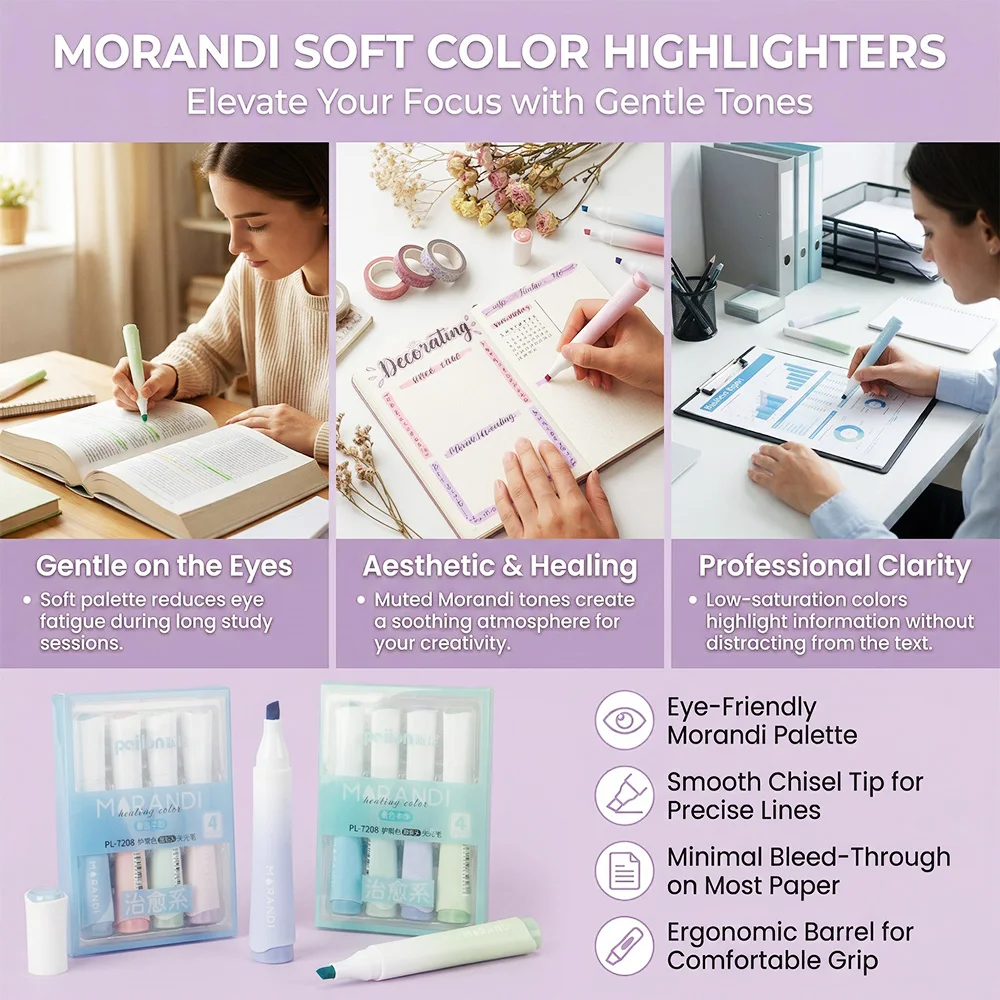 4 Pcs Highlighter Pens Set Smudge Proof NO BLeed Through DIY Drawing Graffiti Highlighting Gentle eyes School Office Supplies