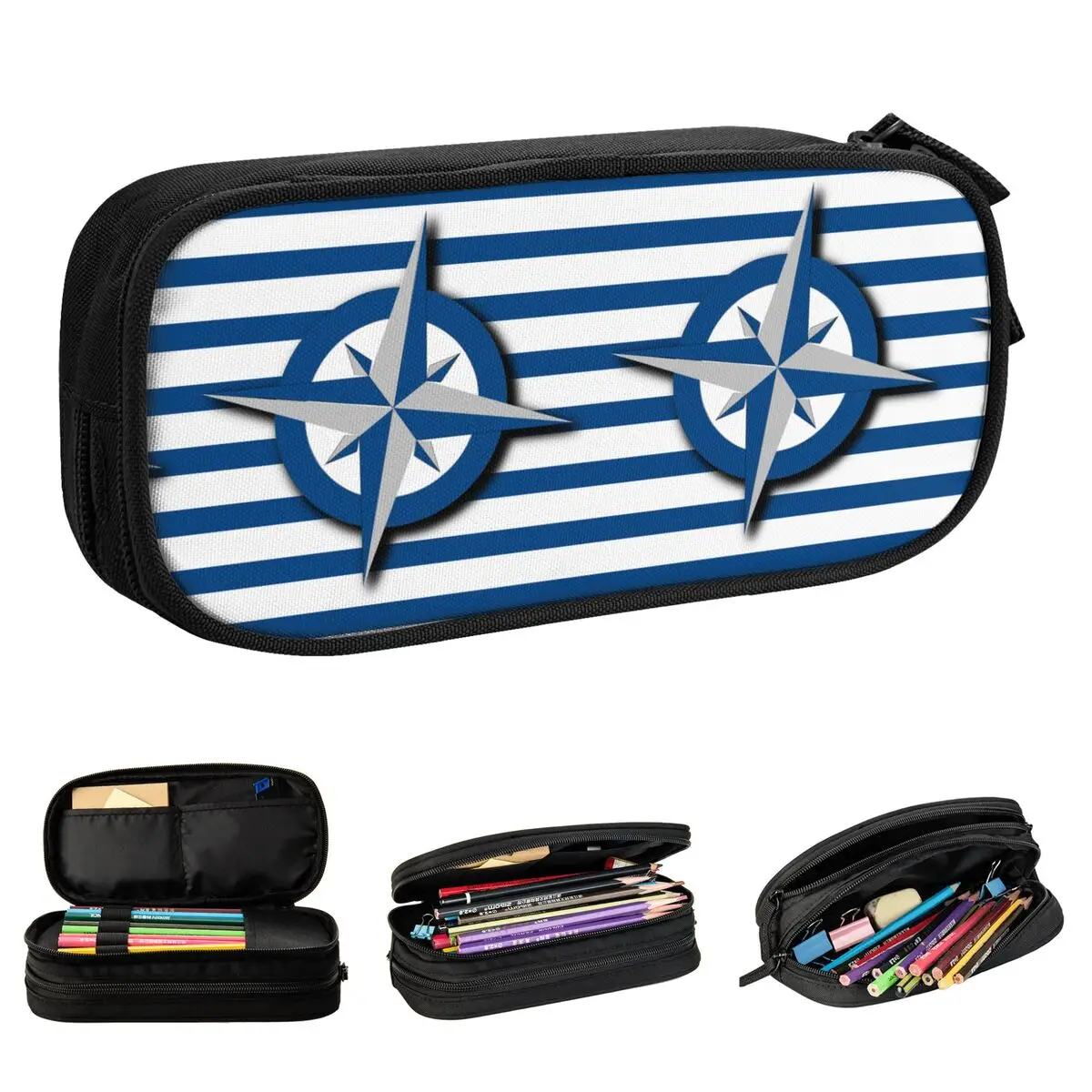 Compass Stripes Pattern Pencil Case, Nautical Anchor Pen Box, grande saco de armazenamento, papelaria para escritório Presentes para menina e menino