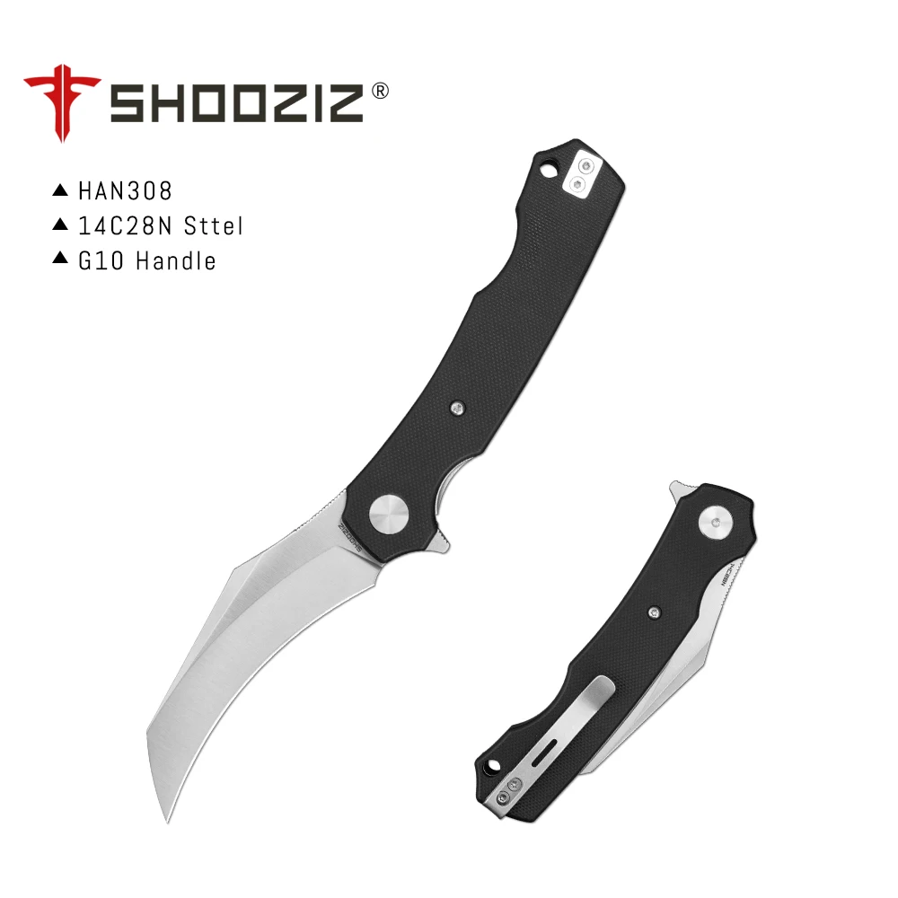 Shooziz-HAN308، سكين بيكال قابل للطي منقار الصقر للرجال EDC، شفرة زعنفة فولاذية 3.15 بوصة 14C28N، مقبض Ultem/G10 مع مشبك جيب