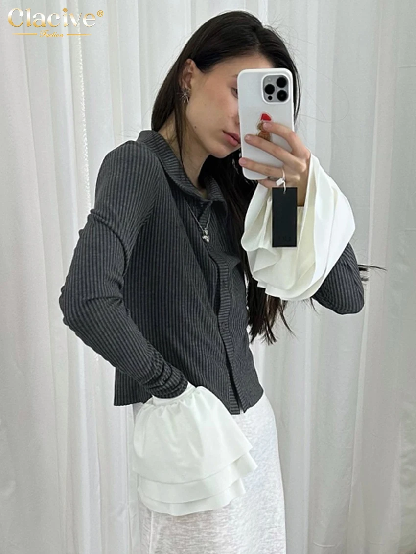 

Clacive Fashion Loose Gray Knitted Women's Shirt 2025 Casual Lapel Long Sleeve Shirts Elegant Patchwork Top Feamle Clothing