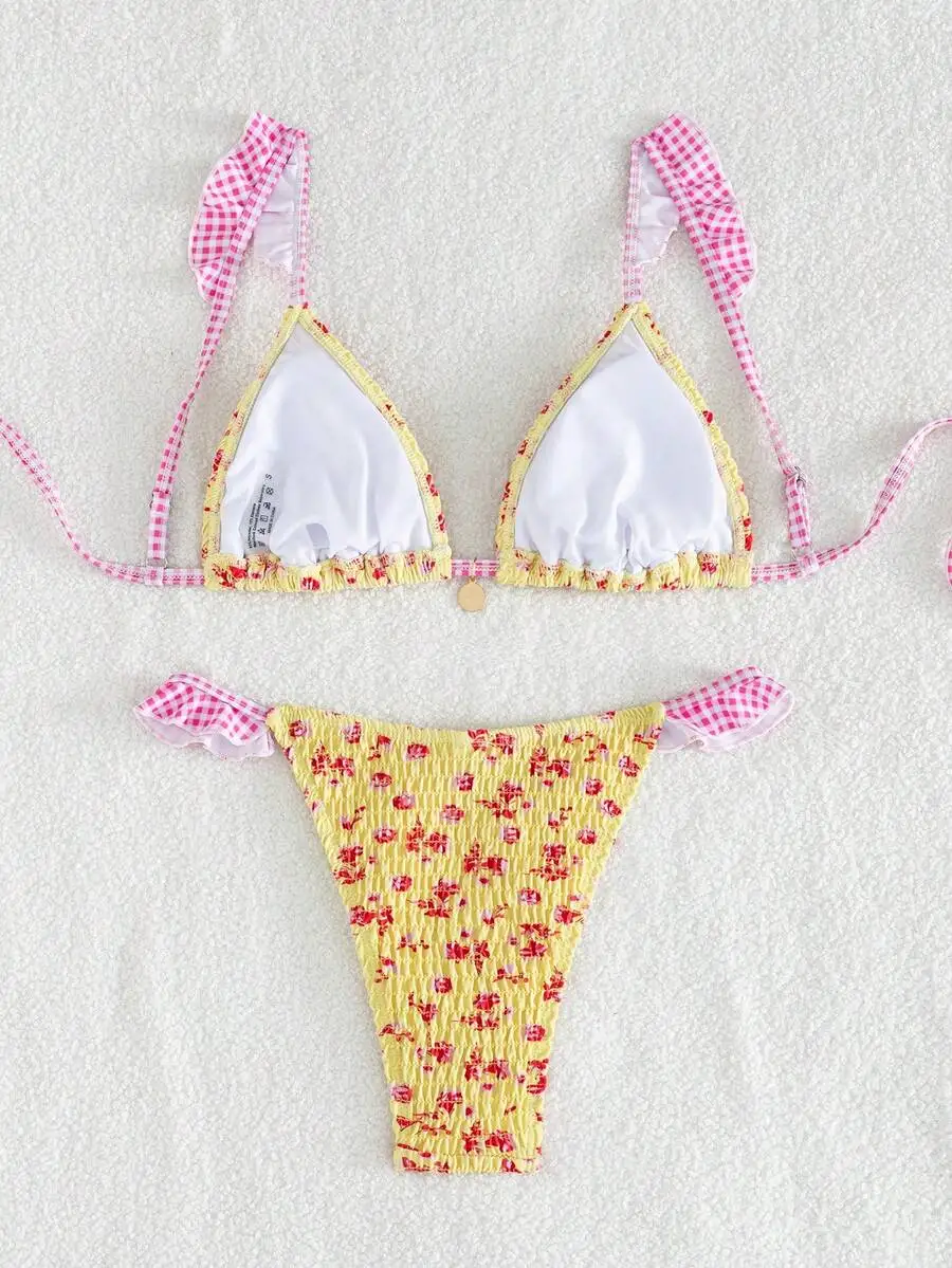 

Ruffled Strap Ditsy Floral Triangle Bikini Swimsuit Set For Women Pink Yellow Summer Beach Party