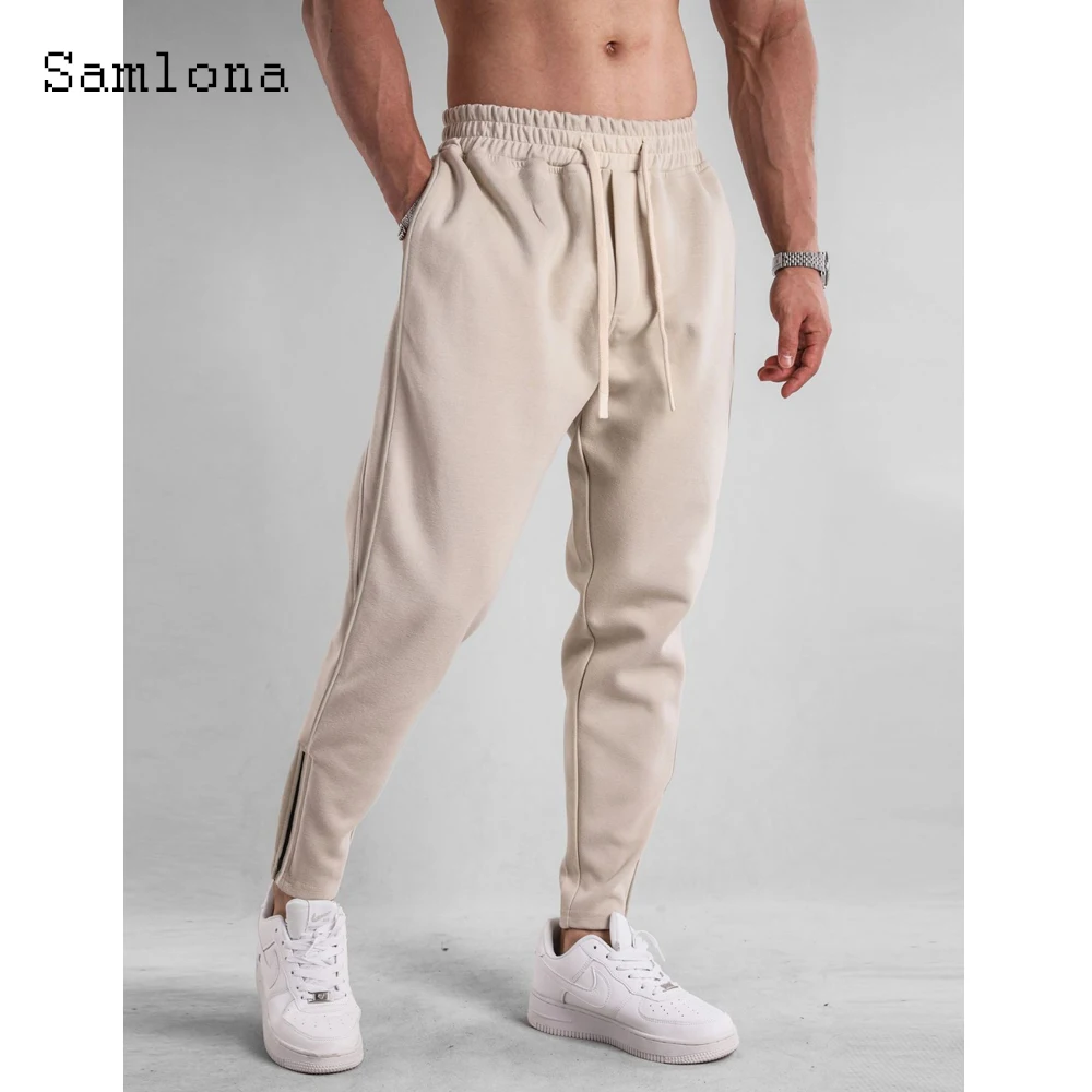 Samlona 2023 Men Fashion Zipper Cuff Pants Solid Blue Apricot Soft Pocket Trouser Plus Size Mens Casual Elastic Waist Sweatpants