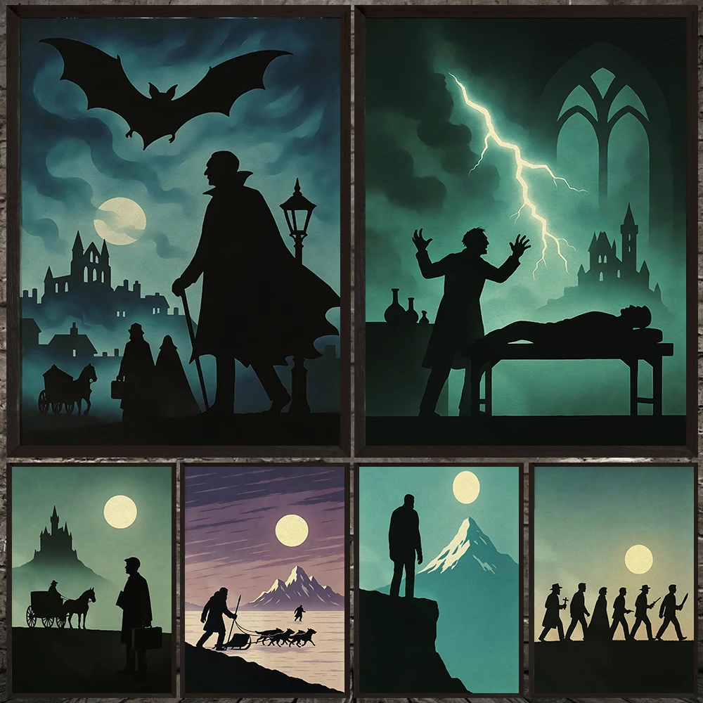 Dracula And Frankenstein Minimalist Art Poster Print,Gothic Horror Home Decor,Castle Dracula And Hunters Wall Art Print Unframed