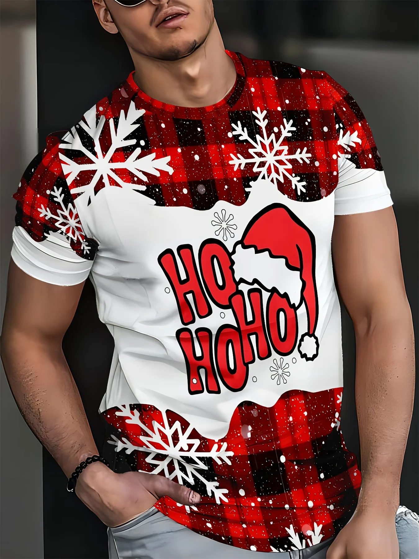 Christmas Short sleeve T-shirt - Cute style crew-neck, slightly stretchy 3D pattern loose fit for knitted polyester fabric