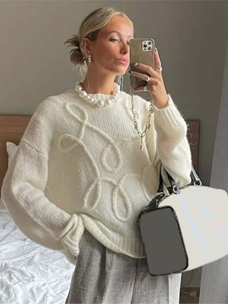 

Woman's Casual Oversized Sweater Y2k Fashion O-neck Jacquard Knitting Pullovers Autumn Winter Lady Elegant Solid Color Sweaters