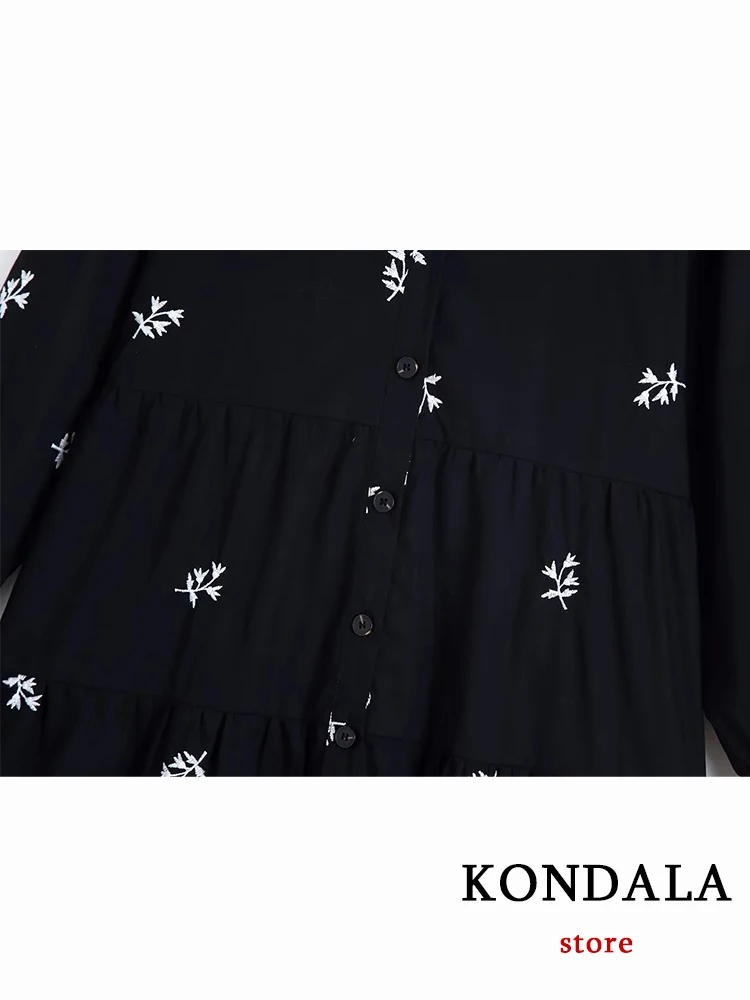 KONDALA Chic Casual Loose Embroidery Black Women Long Shirt Dress Fashion 2023 Summer Single Breast Long Sleeve Elegant Vestidos