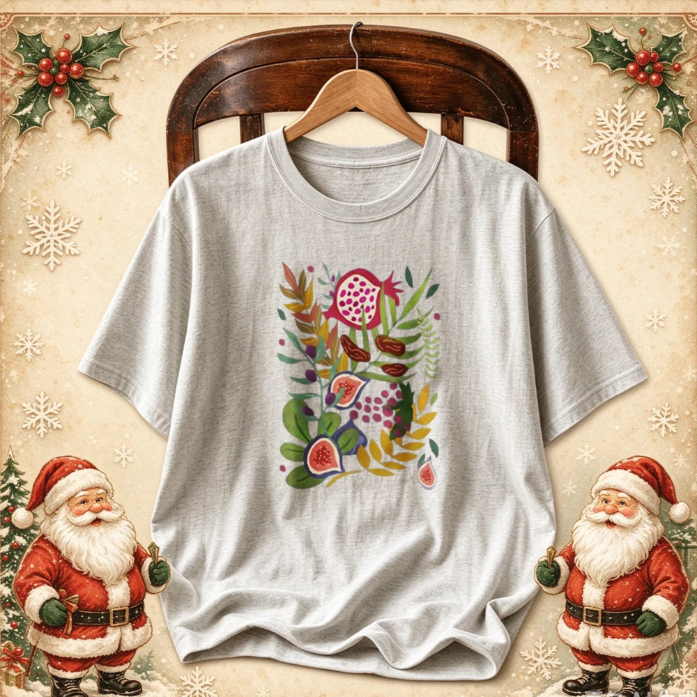 Seven Species of Israel Pomegranate Fig Botanical Watercolor Floral Graphic Tops Aesthetic Jewish Holiday Art Streetwear T-Shirt