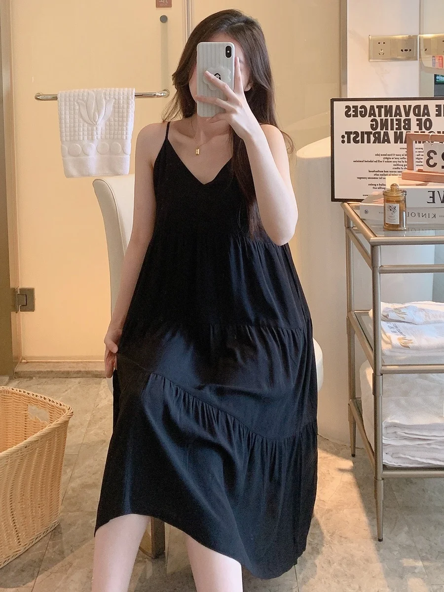 

Летние женские пижамы из хлопка и шелка на бретельках, домашняя одежда, тонкий однотонный длинный сексуальный домашний костюм с v-образным вырезом без бренда