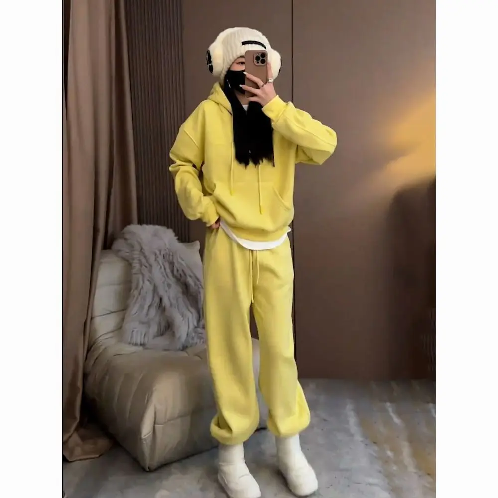 

2025 New Korean Women's Tracksuit Set Hoodie Sweatpants Winter Fleece Lounge Wear Casual Streetwear Two Piece Outfit